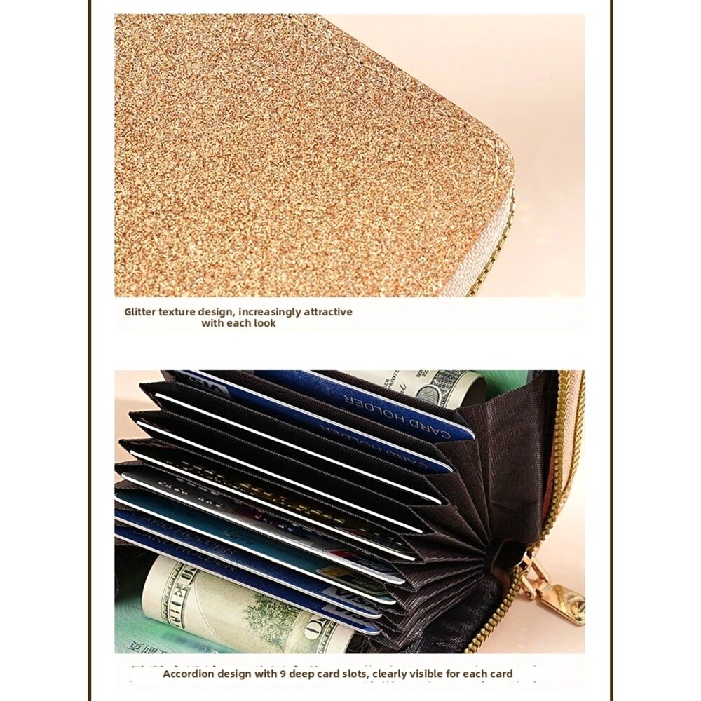 Silver Gold Glitter Wallet Double Zipper Accordion Card Holder Coin Purse NEW - Picture 5 of 13